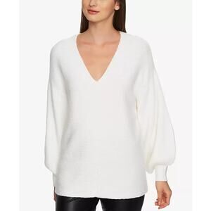 1. State Women's V-Neck Rib-knit Bubble Sleeve Pullover Sweater White Size XL